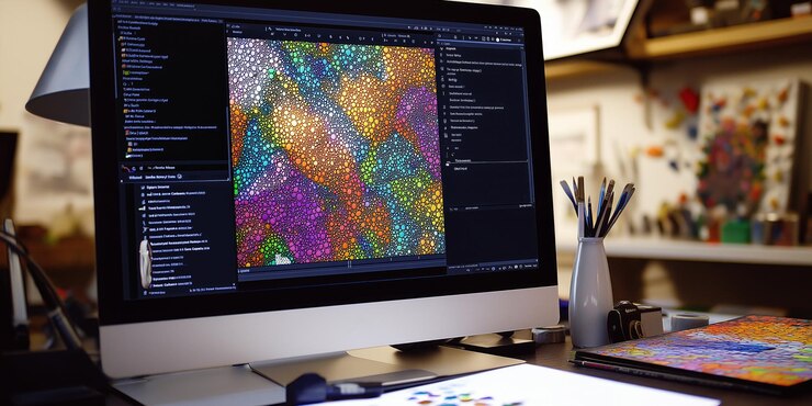 Foto vista en primer plano de una pantalla de computadora que muestra arte abstracto generado por ia con colores vibrantes y patrones geométricos