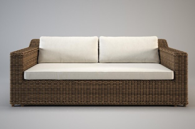 Vista en primer plano de un sofá con almohadas blancas en él renderización 3D