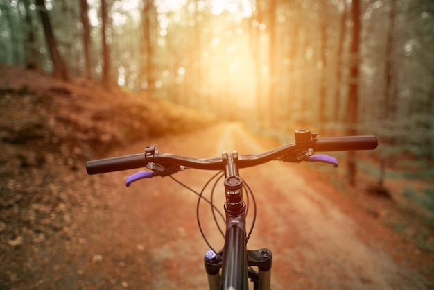 Vista en primera persona del manillar de la bicicleta con luz solar intensa
