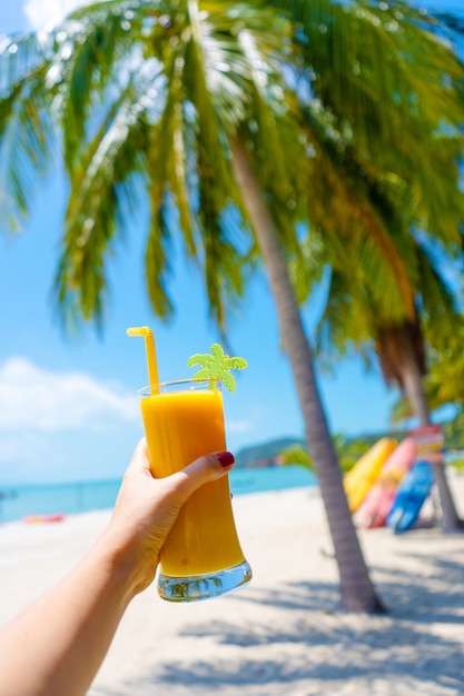 Vista en primera persona. La muchacha sostiene una taza de cristal de mango frío fresca en el fondo de una playa tropical arenosa. Arena blanca y palmeras. Vacaciones de cuento de hadas