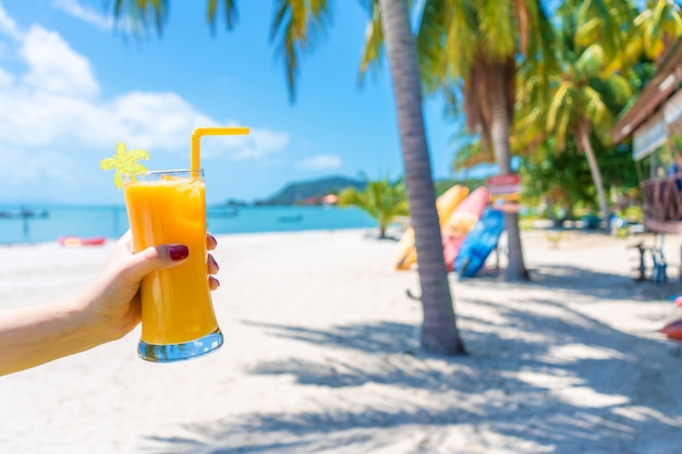 Vista en primera persona. La muchacha sostiene una taza de cristal de playa tropical arenosa fresca fresca del mango. Arena blanca y palmeras. Vacaciones de cuento de hadas