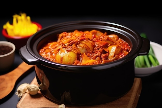 Vista próxima do tradicional guisado de kimchi coreano com caldo picante