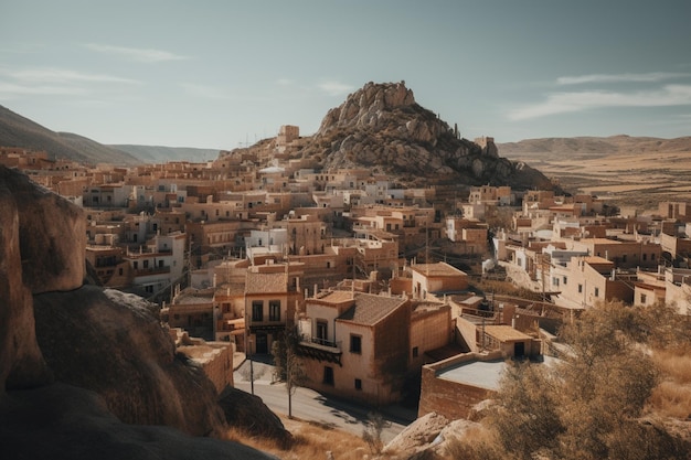 Foto una vista de un pueblo con una colina al fondo