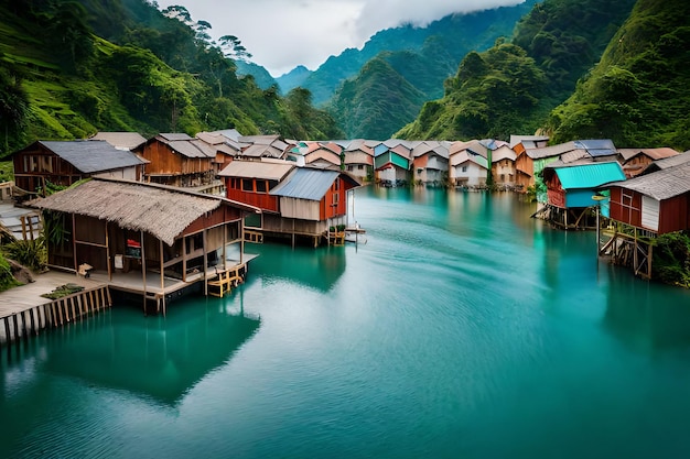 Una vista de un pueblo flotante en laos