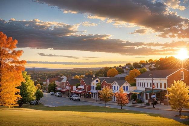 vista de un pueblo con una puesta de sol en el fondo