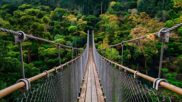 Vista de un puente colgante estrecho en un hermoso bosque espeso