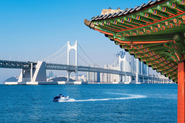 Vista del puente sobre el río contra el cielo azul