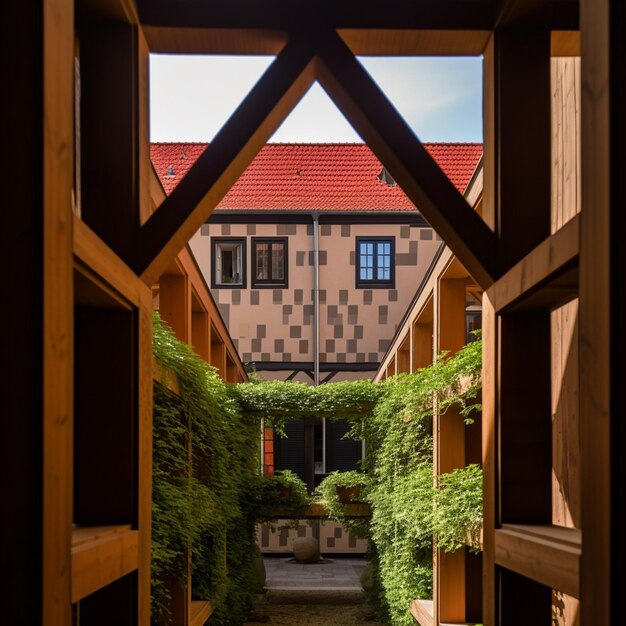 Foto vista de la puerta de un patio con una fuente y un edificio generativo ai