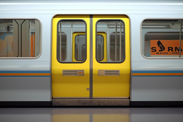 Vista de las puertas cerradas de un vagón de metro amarillo y plata