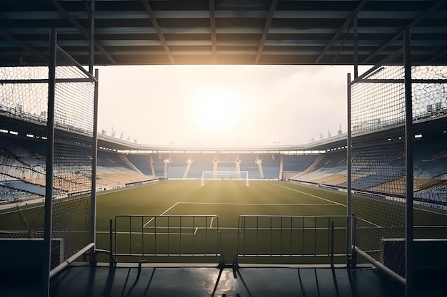 Vista de las puertas vacías del estadio y hinchas que animan en el fondo focos retroiluminados