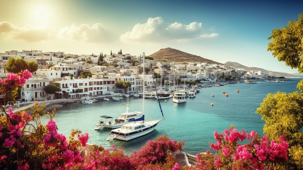 Una vista de un puerto con un montón de barcos y flores.