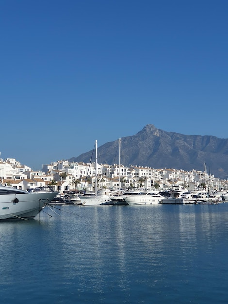 Foto vista del puerto de porto banus con yates blancos