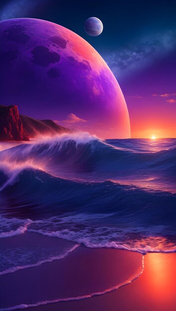 vista de la puesta de sol acompañada de olas y planetas