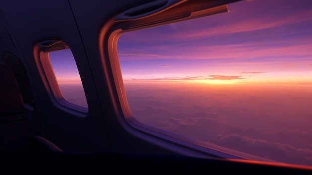 una vista de la puesta de sol desde el interior del espacio aéreo en estilo violeta claro y naranja oscuro