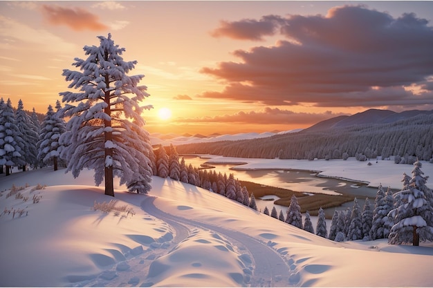 Vista de la puesta de sol del invierno nevado