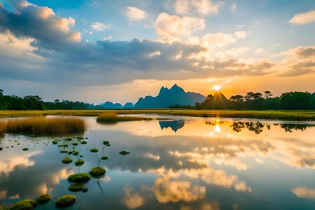 Una vista de la puesta de sol de las montañas y el lago