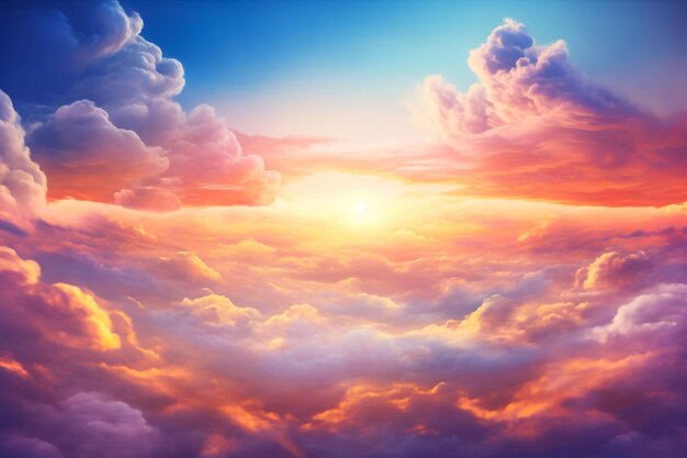 Vista de la puesta de sol y las nubes en 3D