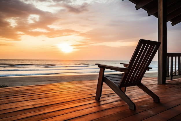 Vista de la puesta de sol sobre el mar desde la terraza de madera con un sillón IA generativa