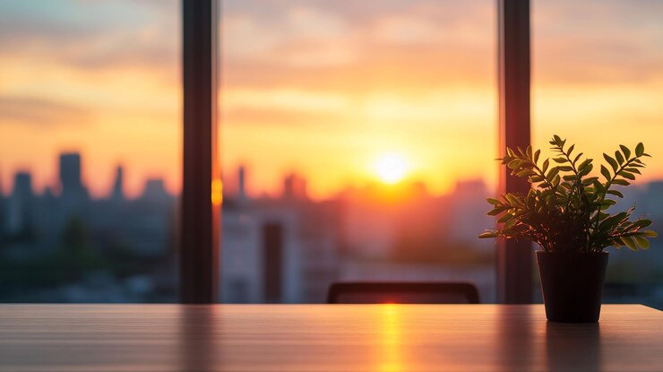 Vista de la puesta de sol desde una ventana de una oficina con una planta en primer plano del horizonte de una ciudad