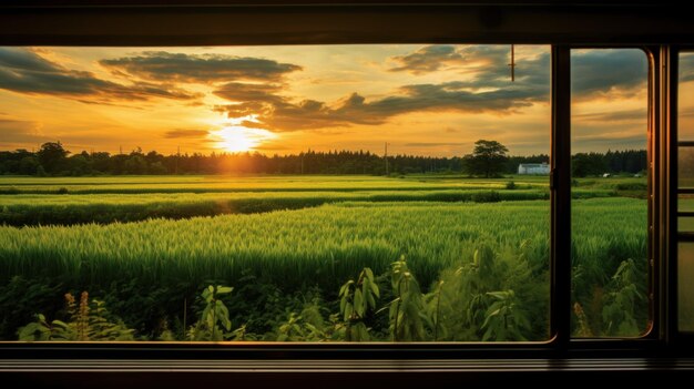 Vista de la puesta de sol desde la ventana del tren