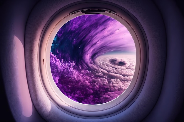 Vista púrpura desde la ventana de un avión Fantástica ilustración mágica AI