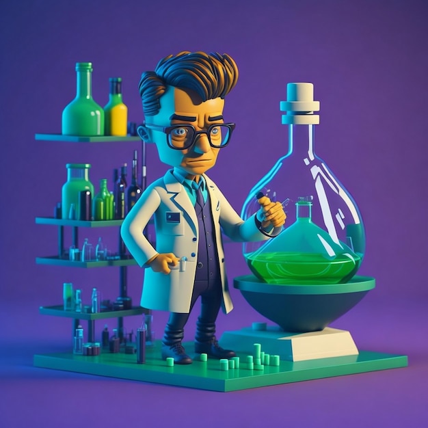 Foto vista de un químico masculino en 3d en el laboratorio con una imagen de ícono de estilo, una ilustración de química masculina de estilo cómico.