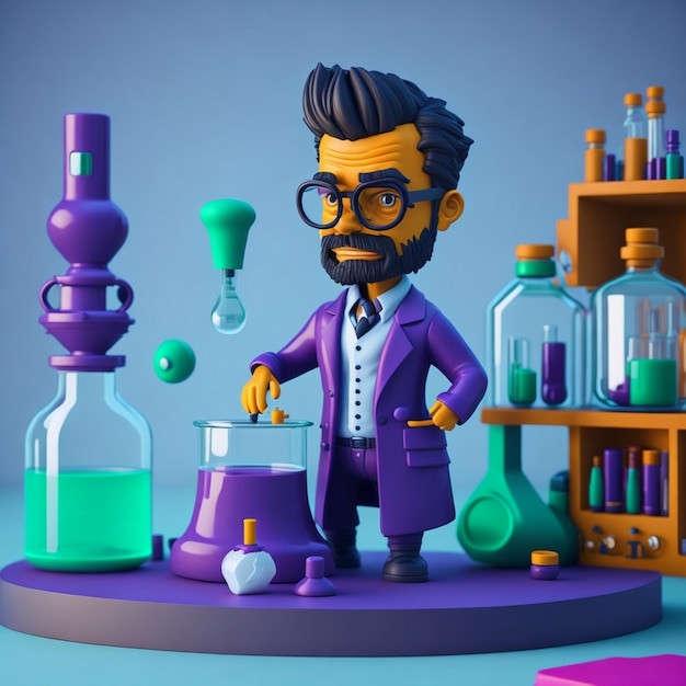 Foto vista de un químico masculino en 3d en el laboratorio con una imagen de ícono de estilo, una ilustración de química masculina de estilo cómico.