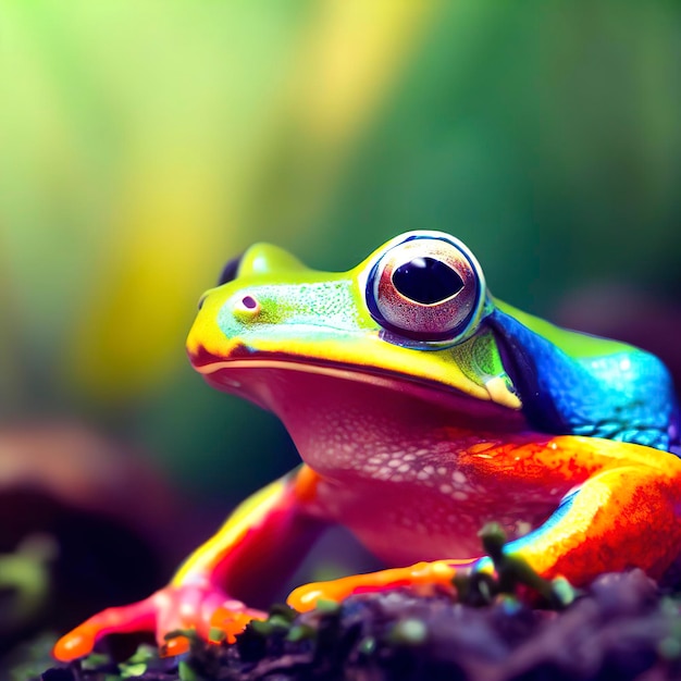 Vista de una rana de colores brillantes en la naturaleza