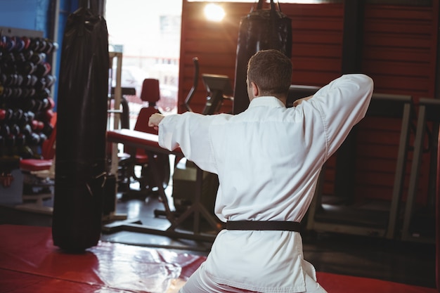 Vista rara del jugador de karate realizando una postura de karate