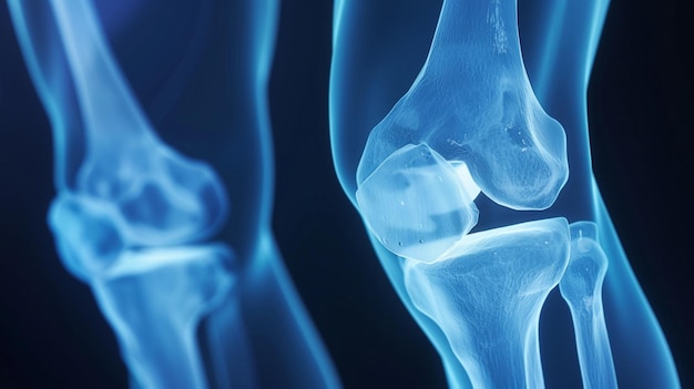 Foto vista de rayos x de rodillas humanas que destacan las articulaciones inflamadas con un efecto de brillo cálido contra una espalda oscura