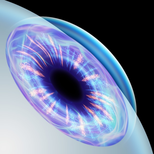 Vista realista da pupila do olho humano. O conceito de cirurgia ocular a laser, visão, cateterismo, ostegmatismo, oftalmologista moderno. Ilustração 3D, renderização em 3D.