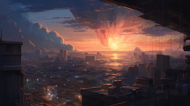 Vista realista sobre el dibujo de acuarela al atardecer Ciudad con puesta de sol