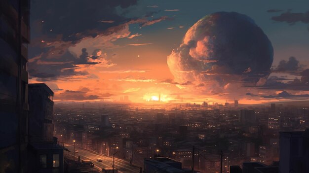 Vista realista sobre el dibujo de acuarela al atardecer Ciudad con puesta de sol