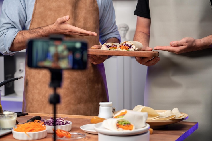 Foto vista recortada de los chefs influyentes que presentan un rollo de ensalada fresco