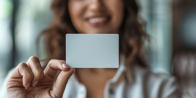 Foto vista recortada de mulher de negócios demonstrando cartão de visita vazio com maquete para design no escritório foco seletivo gerente feminino mostrando cartão de publicidade em branco com espaço para seu anúncio