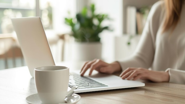 Vista recortada de mulher sentada em uma mesa de madeira e trabalhando em um laptop Uma xícara de café com uma planta em vaso ao fundo O ambiente é brilhante e limpo um ambiente de trabalho relaxado