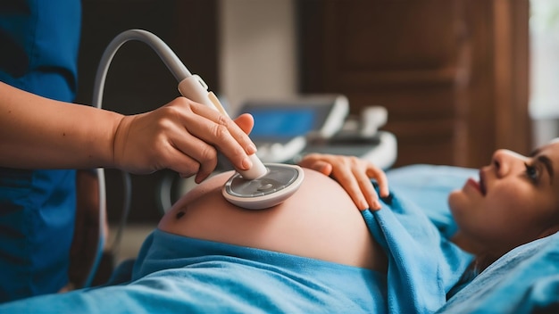 Foto vista recortada de uma mulher em ginecologistas fazendo ultrassom da parte inferior da barriga