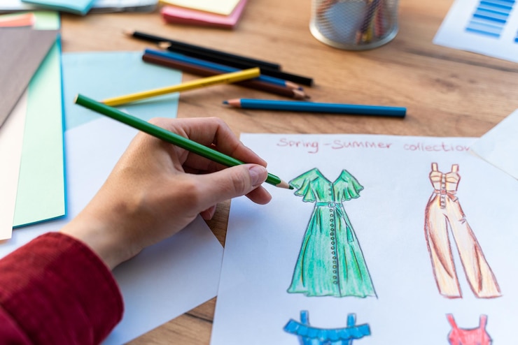 Foto vista recortada del diseñador haciendo bocetos de ropa mientras está sentado a la mesa. dibujo, rotuladores, lápiz, papel en la mesa de madera. foto de stock