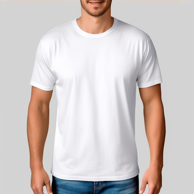 vista recortada del hombre en maqueta de camiseta blanca en blanco