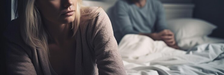 Vista recortada de la mujer en bata de baño blanca sentada en la cama y mirando ai generativo