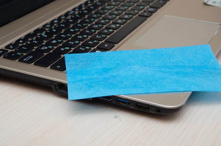 Foto vista recortada de la mujer limpiando la pantalla de la computadora portátil con una servilleta cerca de los cuadernos en el fondo borroso en la mesa