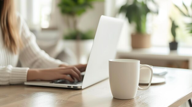 Vista recortada de una mujer sentada en una mesa de madera y trabajando en una computadora portátil Una taza de café con una planta en olla en el fondo El entorno es brillante y limpio un entorno de trabajo relajado