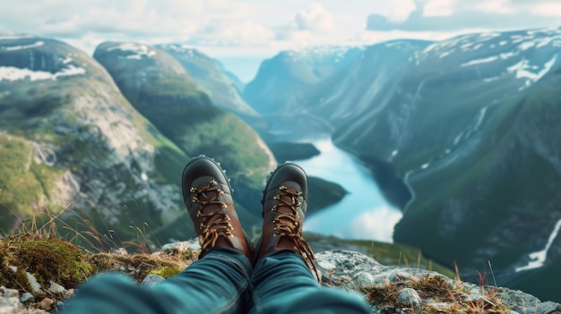 Vista relajante desde la perspectiva del excursionista a los pies del fiordo de abajo