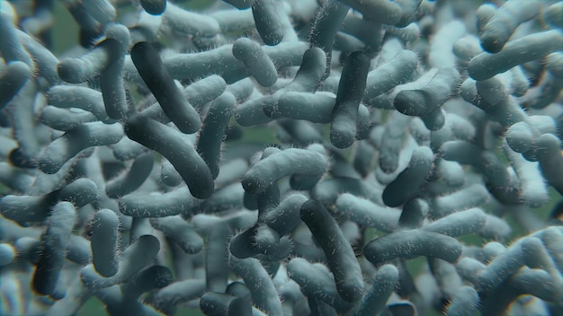 Vista de renderizado 3D de primer plano de bacterias grises dañinas que se mueven