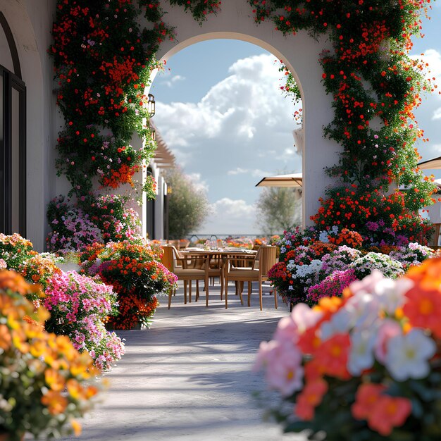 Una vista de un restaurante con cestas de flores en el patio