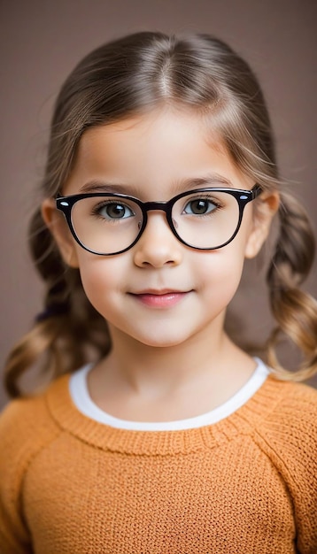 Vista del retrato de una niña linda con gafas mirando a la cámara