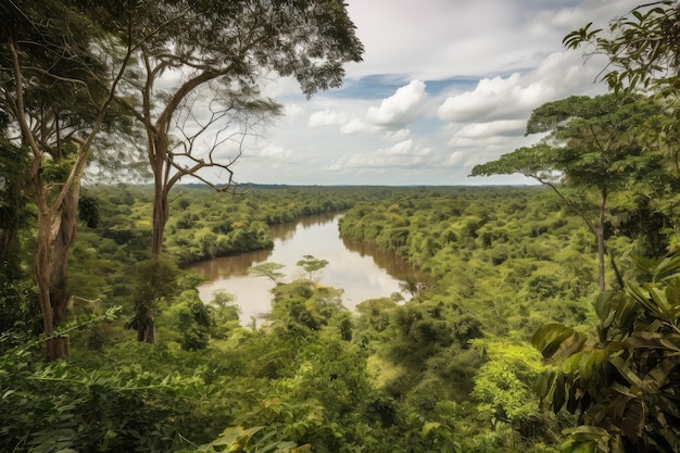 Vista del río amazonas con el dosel y las vides de la selva tropical a la vista