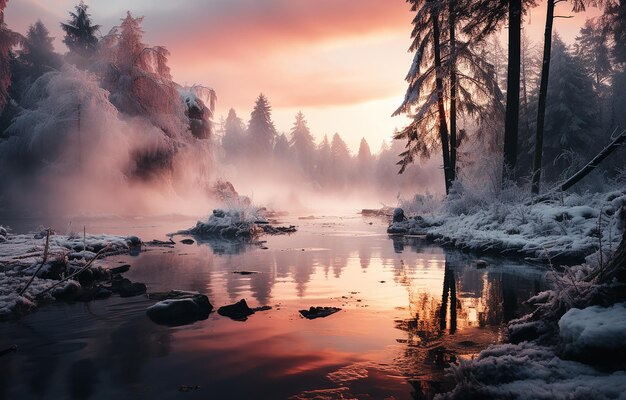 una vista de un río cubierto de árboles cubiertos de nieve al estilo de paisajes nubosos etéreos