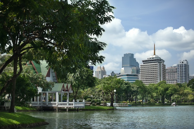 Vista del río y edificios altos. Tailandia Bangkok. Aparcar para descansar en un clima soleado