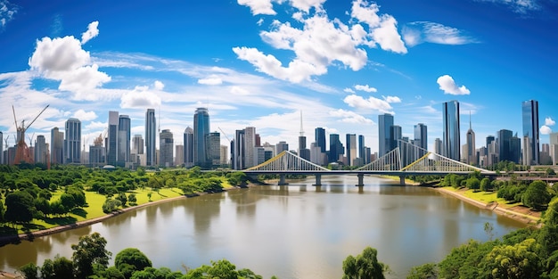 Vista del río con edificios modernos y un hermoso puente en la ciudad